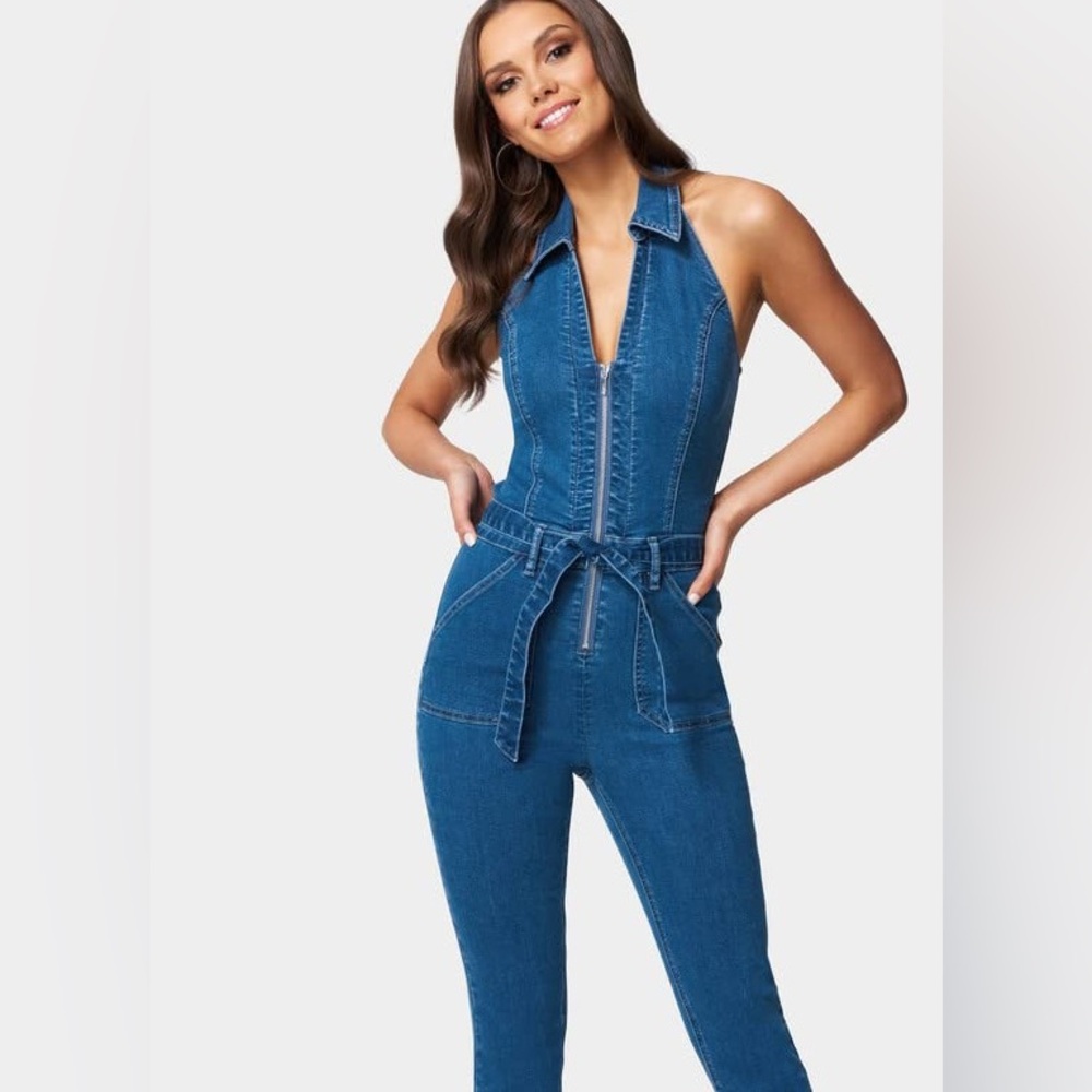 Bebe halter neck zip-up Blue Denim Jumpsuit